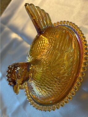 Iridescent Carnival Glass Hen on Nest - Amber